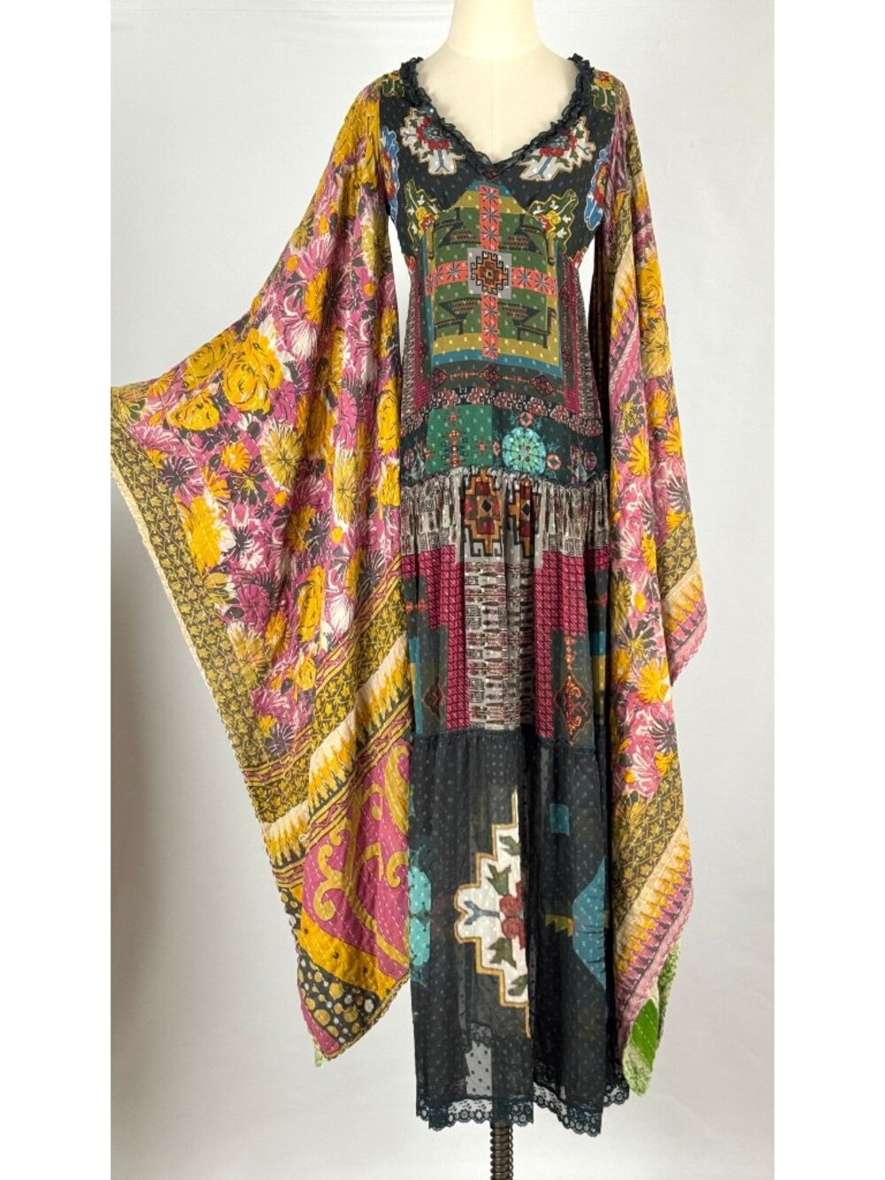 Desigual 70s-Style Aztec Tiered Maxi Dress Quilted Kantha Kimono Sleeves Hippie
